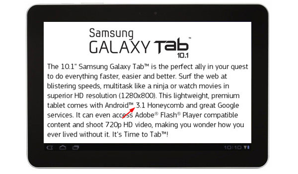 Galaxy Tab 10.1 to come with Android 3.1