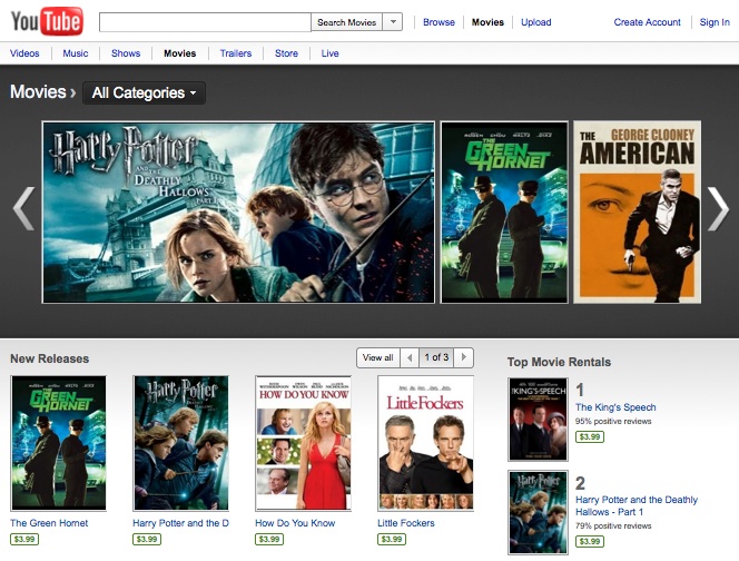 Youtube adds 3000 movies for rental