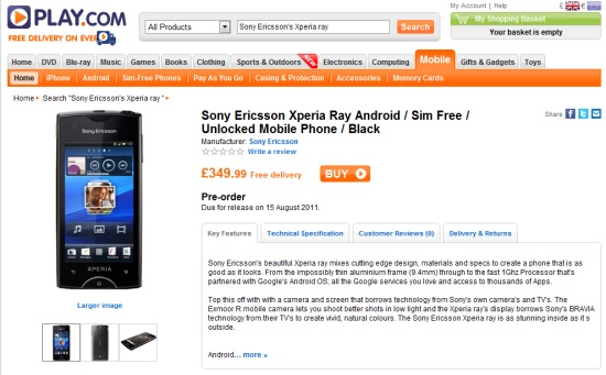 Sony Ericsson XPERIA Ray released 15th August – Pre-Orders now Available