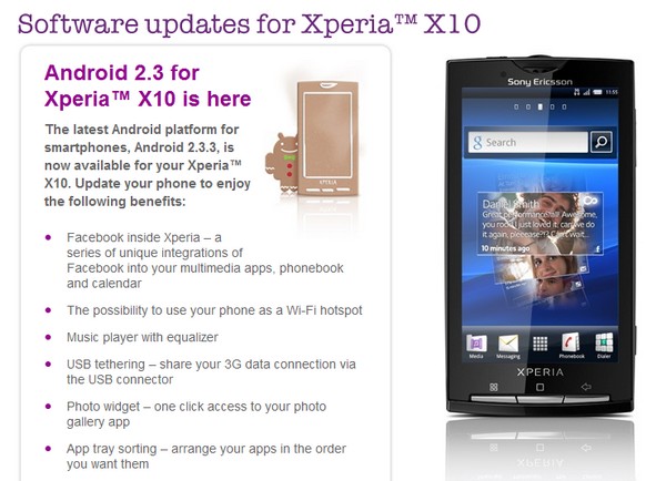 Gingerbread Update for Xperia X10 available now