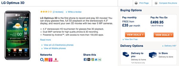 LG Optimus 3D now available at Carphone Warehouse