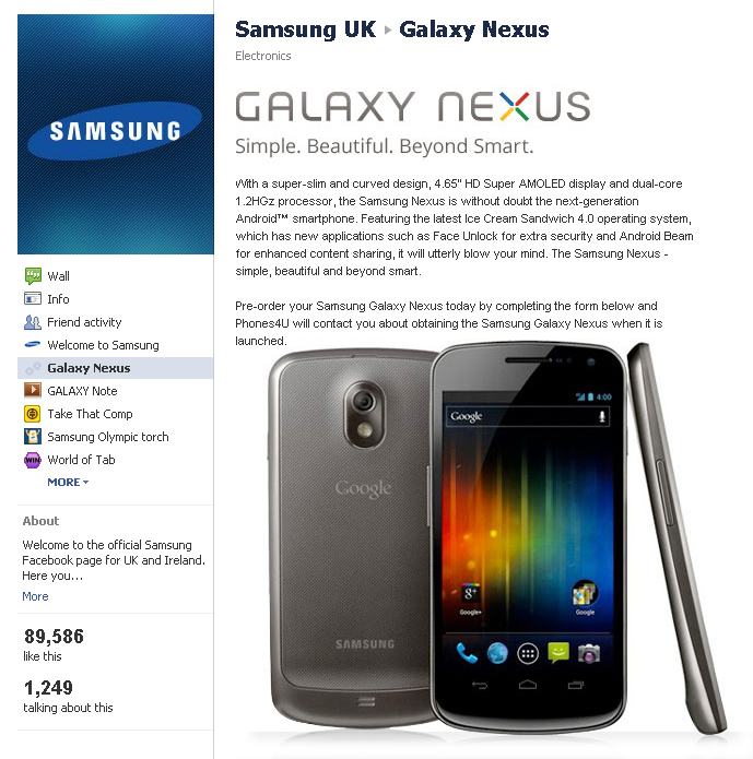 Reserve your Samsung Galaxy Nexus from Phones4U via Facebook