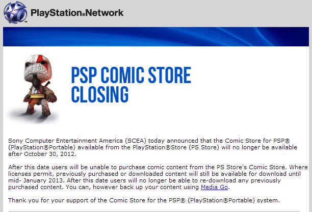 Sony closes its PSP Comic Store