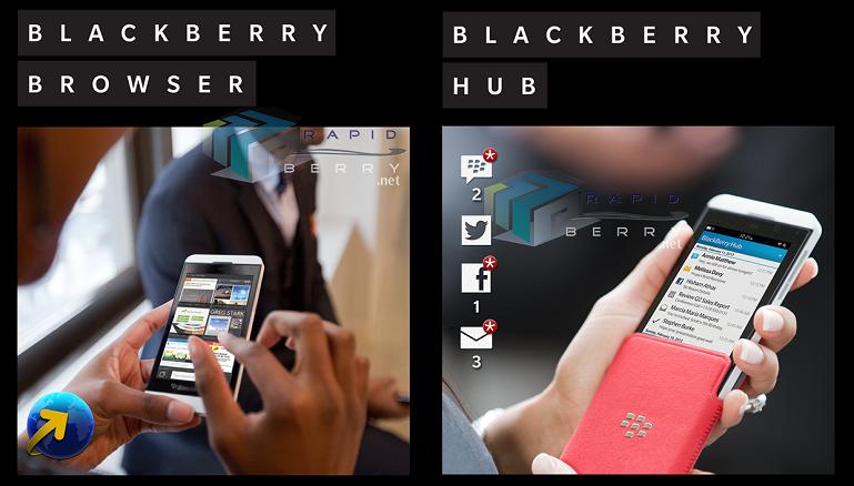 BlackBerry 10 Z10 promo material appears showing Hub, Browser and more