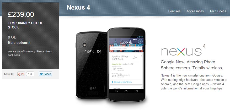 Google Nexus 4 stock available on Play Store in Europe