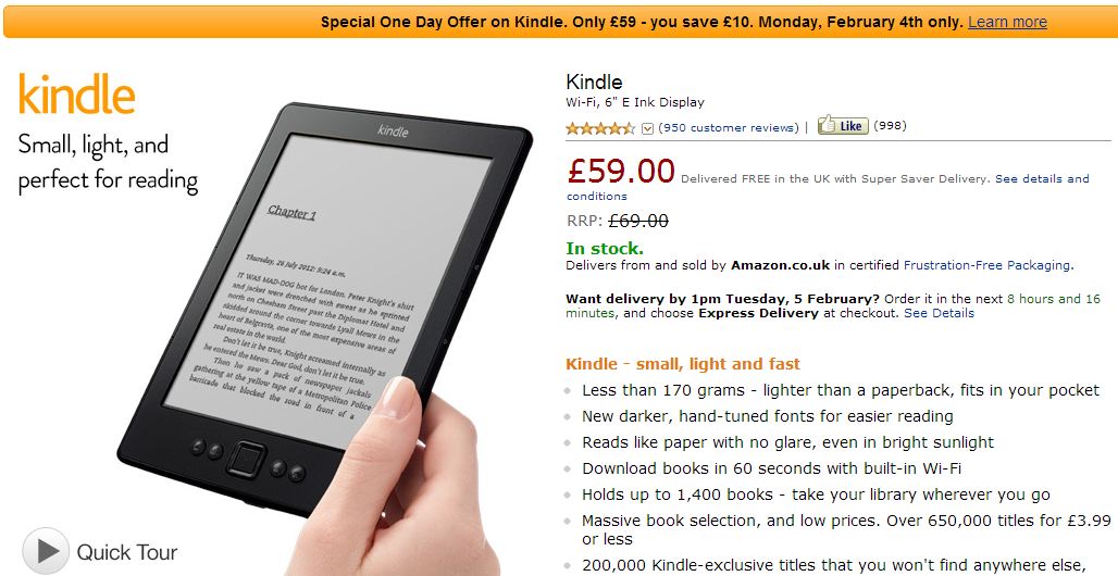 Amazon drops price of 6-inch Kindle to £59 for one day only