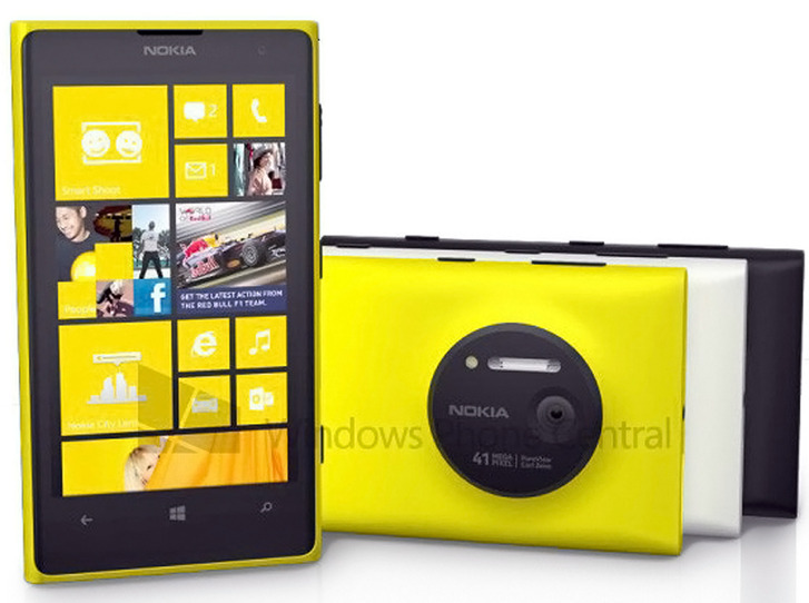 Nokia Lumia 1020 depicted in black, white and yellow options