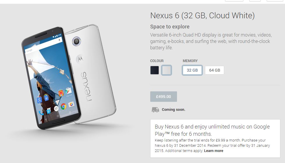SIM Free Google Nexus 6 Available in Play Store in the UK Now