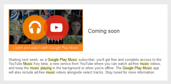 Google Play Music subscribers will get access to YouTube Music Key