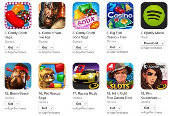 Apps are now labeled as including in-app purchases, and 'free' has been changed to 'get'.